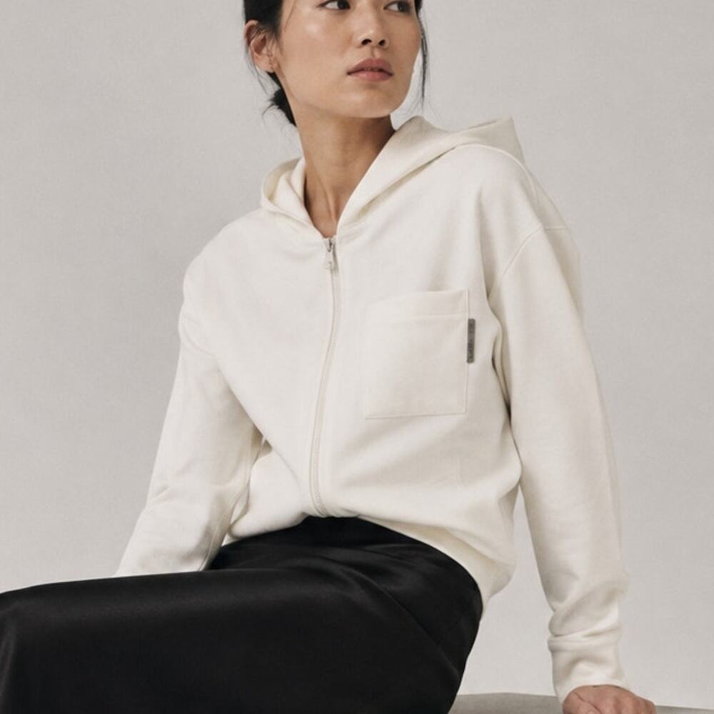 Brunello Cucinelli Stretch Cotton Monili Chest Pocket Hoodie Womens M White Zip